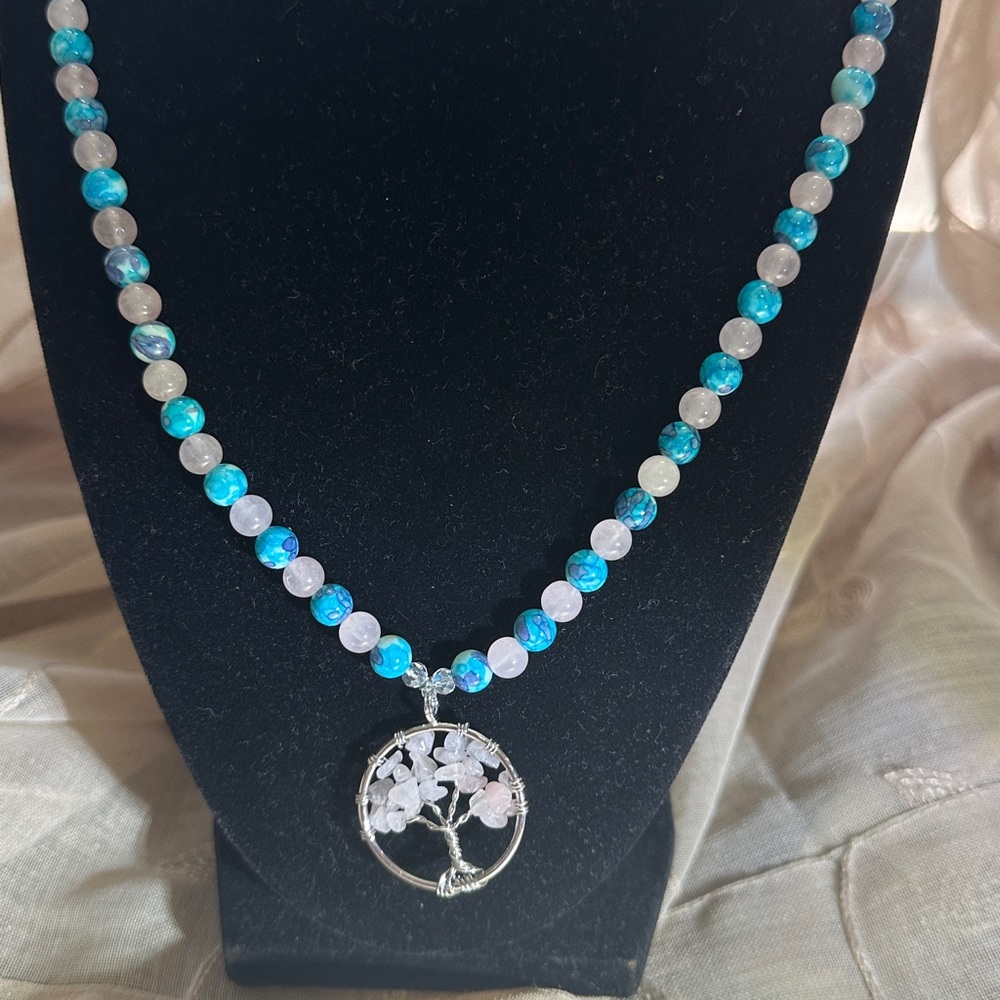 Candy Tree Necklace (Purple/ Blue Rain Flower Jade And Rose Quartz) - Picture 6 of 12
